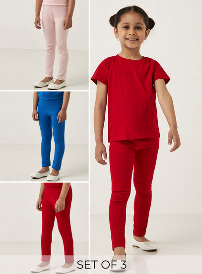 Set of 3 - Solid Leggings with Elasticated Waistband-Leggings & Jeggings-image-0