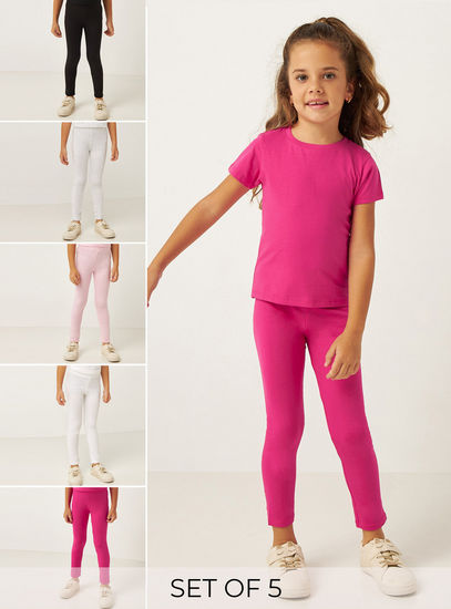 Set of 5 - Solid Mid-Rise Leggings with Elasticated Waistband-Leggings & Jeggings-image-0