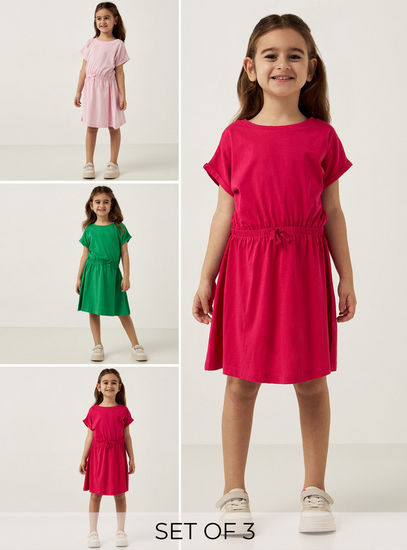 Set of 3 - Solid Dress with Short Sleeves and Drawstring Detail