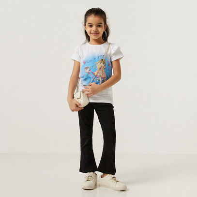 Printed Round Neck T-shirt with Ruffles and Short Sleeves