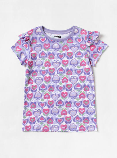 All Over Ikat Heart Print T-shirt with Round Neck and Ruffles