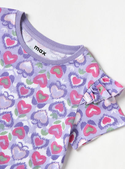 All Over Ikat Heart Print T-shirt with Round Neck and Ruffles