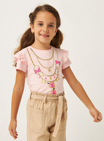 Necklace Print T-shirt with Ruffle Detail Sleeves and Round Neck