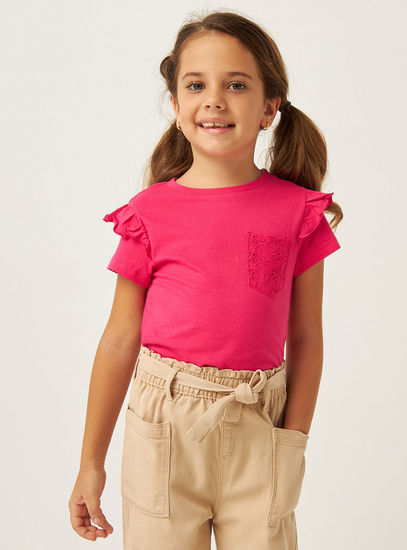 Solid T-shirt with Broderie Chest Pocket Detail and Ruffle Sleeves