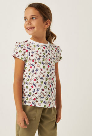 All-Over Pasta Print T-shirt with Ruffle Detail Sleeves and Round Neck