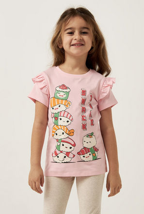 Sushi Graphic Print T-shirt with Frill Detail Sleeves and Round Neck
