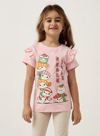 Sushi Graphic Print T-shirt with Frill Detail Sleeves and Round Neck