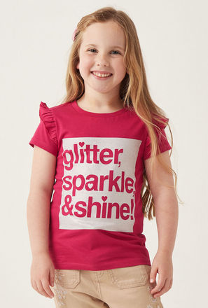 Slogan Print T-shirt with Ruffle Detail Sleeves