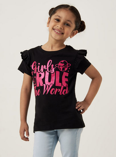 Slogan Print T-shirt with Frill Detail Sleeves and Round Neck