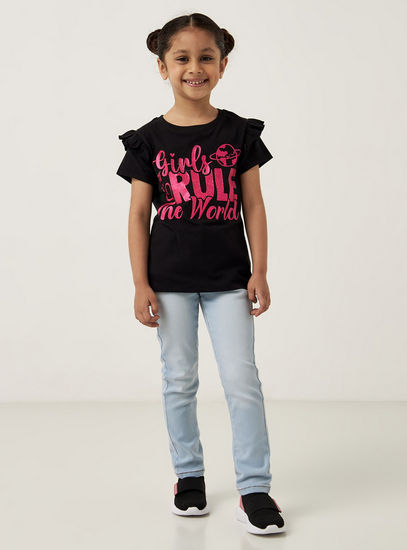 Slogan Print T-shirt with Frill Detail Sleeves and Round Neck