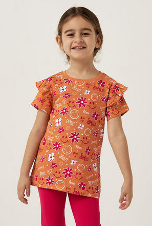 All-Over Smiley Print T-shirt with Frill Detail Sleeves and Round Neck