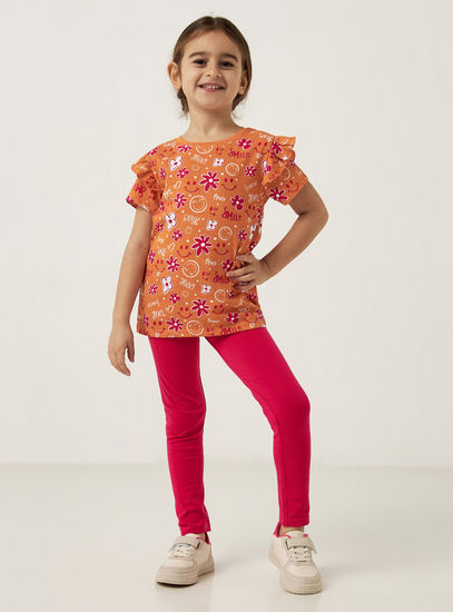 All-Over Smiley Print T-shirt with Frill Detail Sleeves and Round Neck