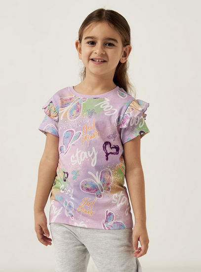 All-Over Graphic Print T-shirt with Short Sleeves and Ruffle Detail