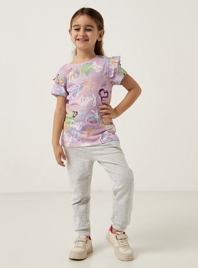 All-Over Graphic Print T-shirt with Short Sleeves and Ruffle Detail