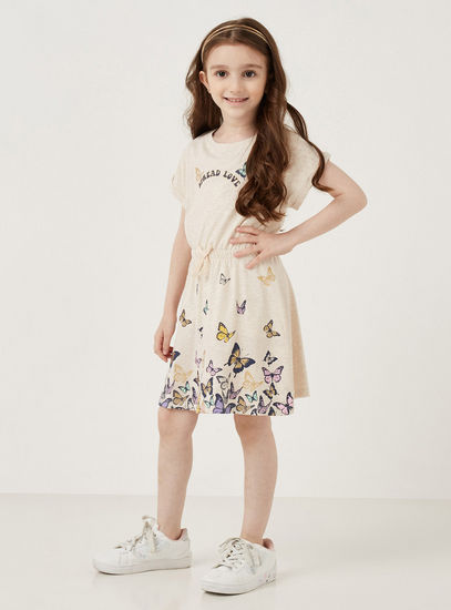 Butterfly Print Knee-Length Dress with Drawstring Tie-Ups