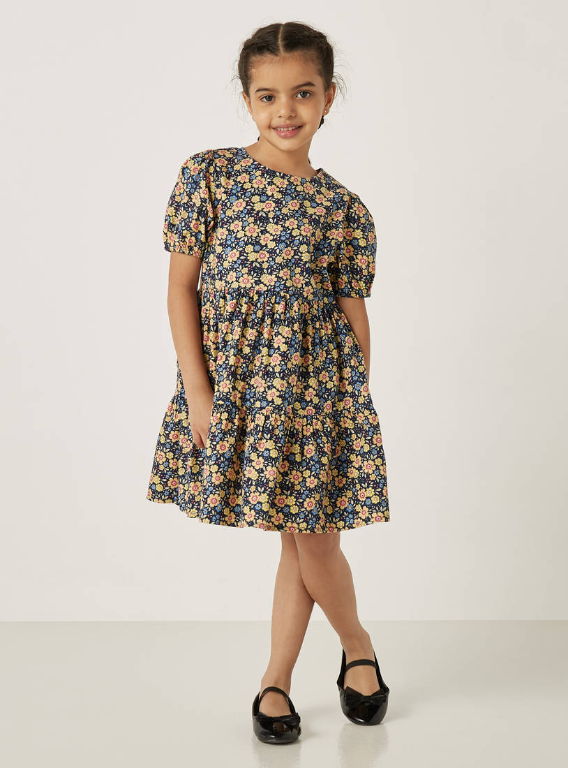 All-Over Floral Print Poplin Tiered Knee Length Dress-Casual Dresses-image-0