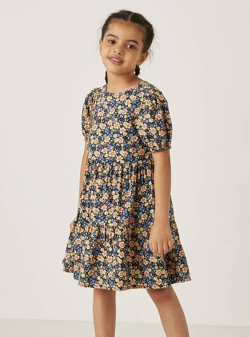 All-Over Floral Print Poplin Tiered Knee Length Dress-Casual Dresses-image-1