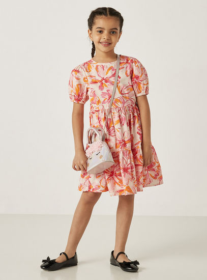 فستان بوبلين متعدد الطبقات بطول الركبة وطبعات أزهار-الفساتين الكاجوال-image-0