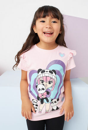 Graphic Print T-shirt with Ruffle Detail-mxkids-girlstwotoeightyrs-clothing-tops-tshirts-3