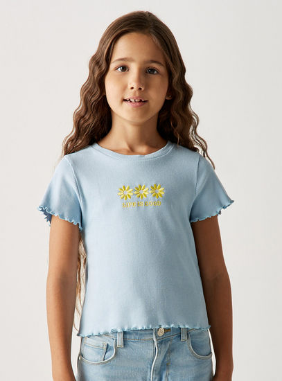 Daisy Slogan Embroidered Ribbed T-shirt