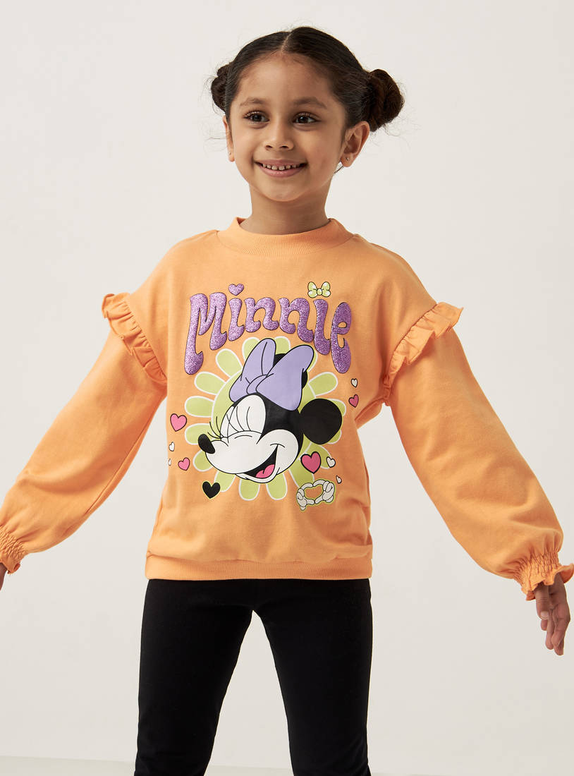 Minnie Mouse Print Crew Neck Sweatshirt with Ruffles and Long Sleeves-Hoodies & Sweatshirts-image-0