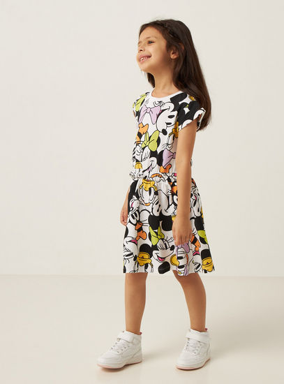 All Over Daisy and Friends Print A-line Dress with Cap Sleeves and Tie-Ups