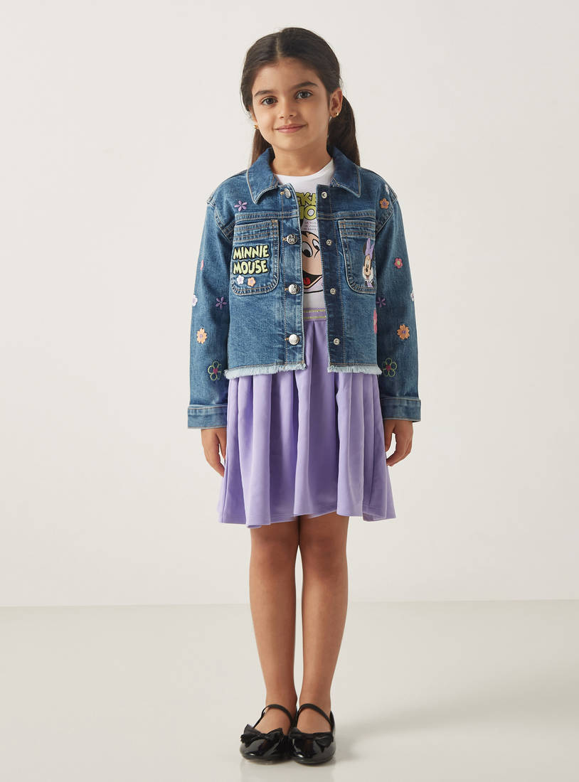 Minnie Mouse Embroidered Cropped Denim Jacket with Collar and Chest Pockets-Jackets-image-0