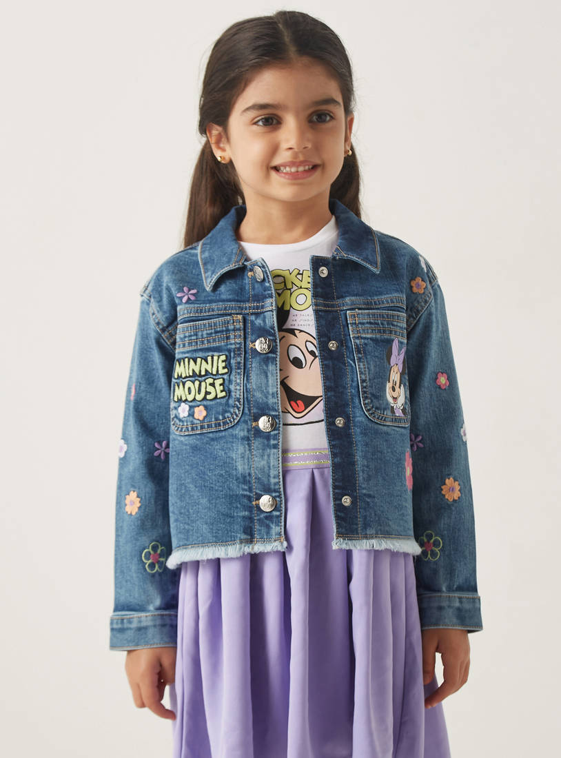 Minnie Mouse Embroidered Cropped Denim Jacket with Collar and Chest Pockets-Jackets-image-1