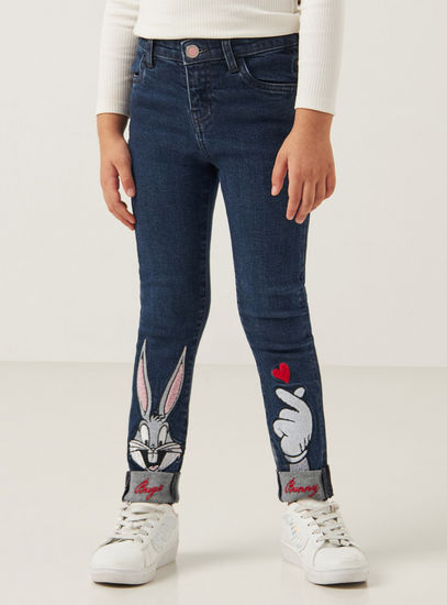 Bugs Bunny Embroidered Jeans with Turn-Up Hem-Jeans-image-0
