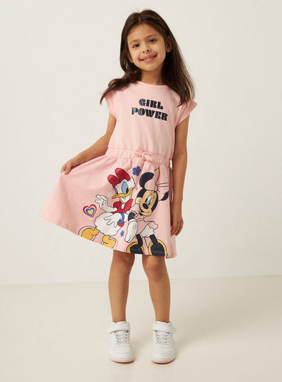 Minnie Mouse Print Round Neck Dress with Drawstring Closure