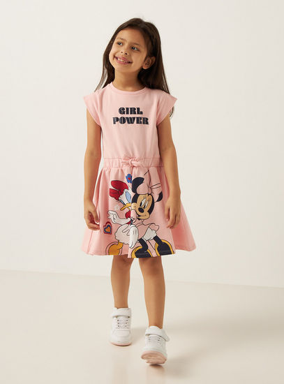 Minnie Mouse Print Round Neck Dress with Drawstring Closure