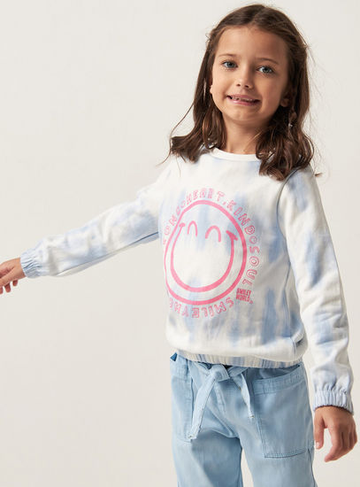 Smiley Print Tie-Dye Sweatshirt with Round Neck and Long Sleeves