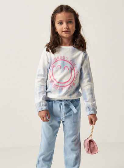 Smiley Print Tie-Dye Sweatshirt with Round Neck and Long Sleeves