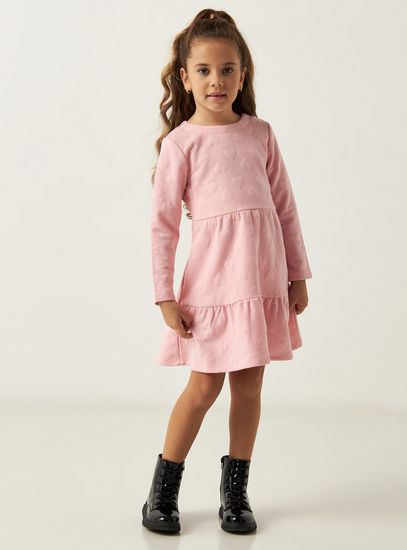 Heart Textured Jacquard Tiered Dress with Long Sleeves-Casual Dresses-image-0