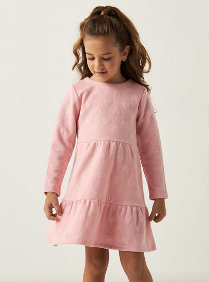 Heart Textured Jacquard Tiered Dress with Long Sleeves
