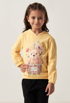 Bear Print Sweatshirt with Hood and Long Sleeves