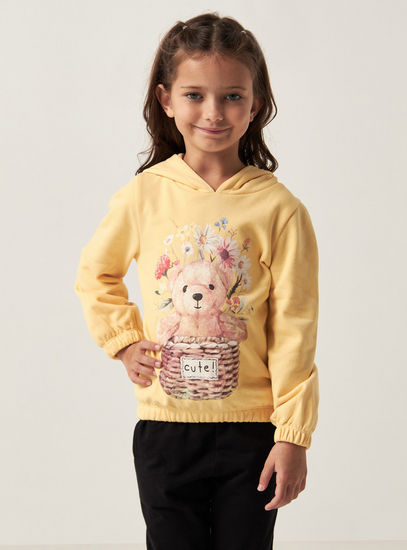 Bear Print Sweatshirt with Hood and Long Sleeves
