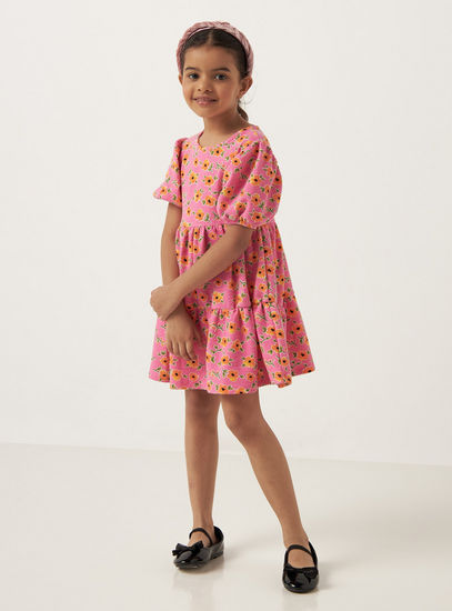 فستان إيه لاين متعدد الطبقات بأكمام منفوخة وطبعات زهرية-الفساتين الكاجوال-image-0