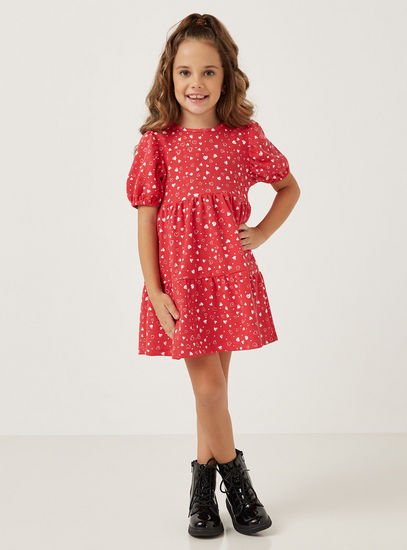 Printed Tiered A-line Dress with Puff Sleeves