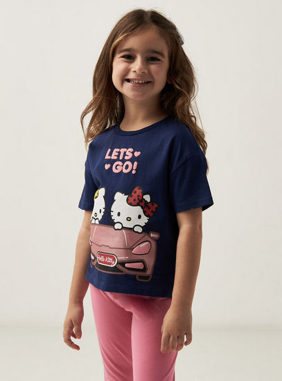 Hello Kitty Print T-shirt with Round Neck and Short Sleeves