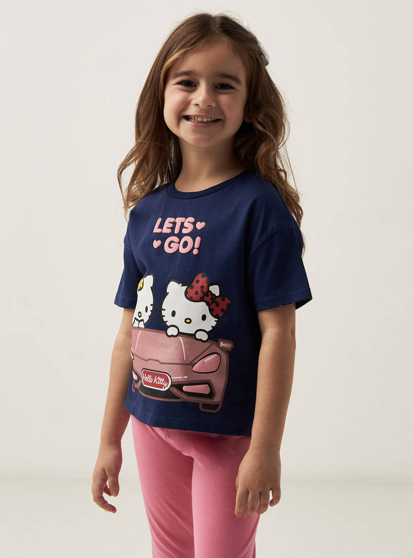 Hello Kitty Print T-shirt with Round Neck and Short Sleeves-Tops & T-shirts-image-0