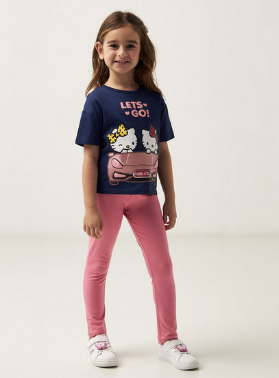 Hello Kitty Print T-shirt with Round Neck and Short Sleeves