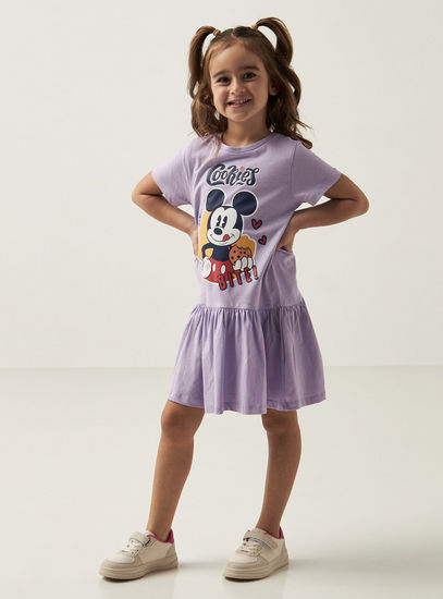 Mickey Mouse Print Drop Waist Dress with Short Sleeves