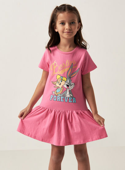 Lola Bunny Print Dress with Round Neck and Short Sleeves