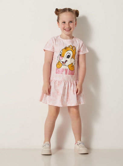 Chip 'n Dale Print Dress with Round Neck and Short Sleeves
