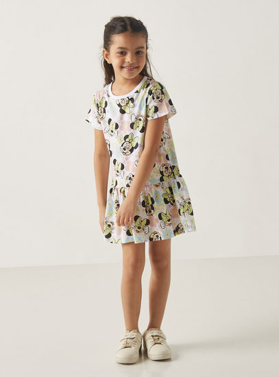 All-Over Minnie Mouse Print Dress with Round Neck and Short Sleeves