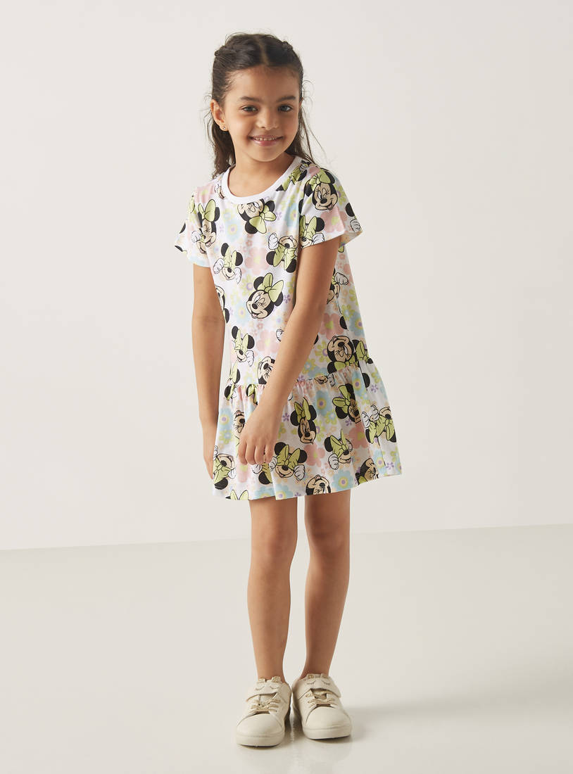 All-Over Minnie Mouse Print Dress with Round Neck and Short Sleeves-Casual Dresses-image-0