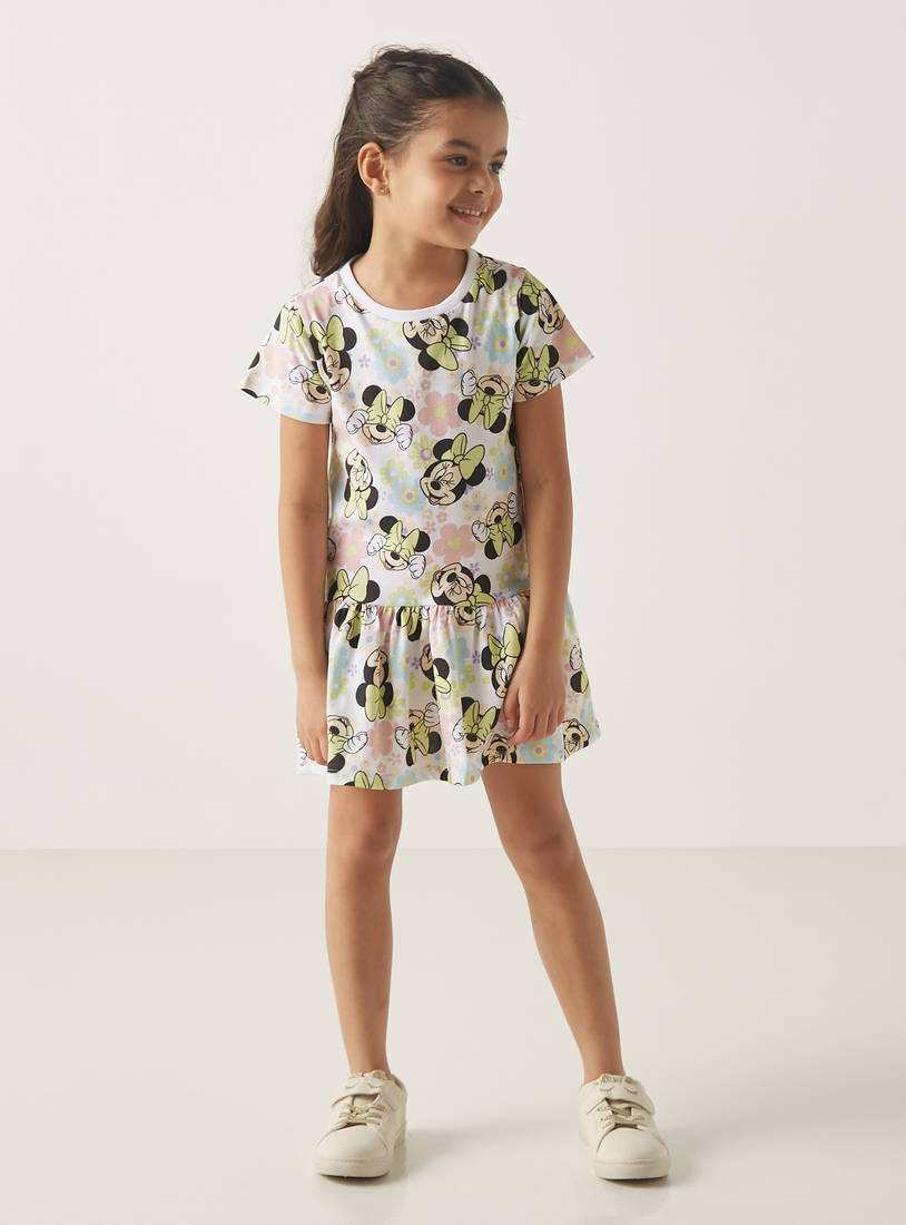All-Over Minnie Mouse Print Dress with Round Neck and Short Sleeves-Casual Dresses-image-1