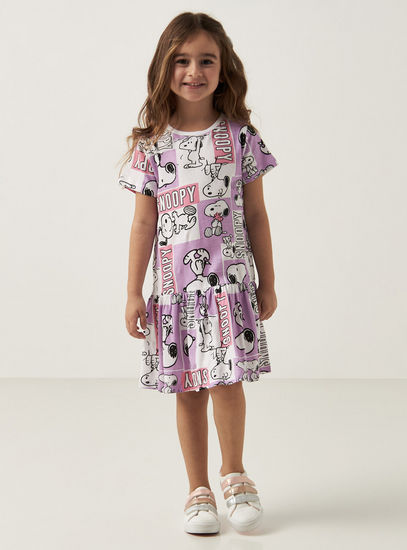 All-Over Snoopy Print Drop Waist Dress with Short Sleeves