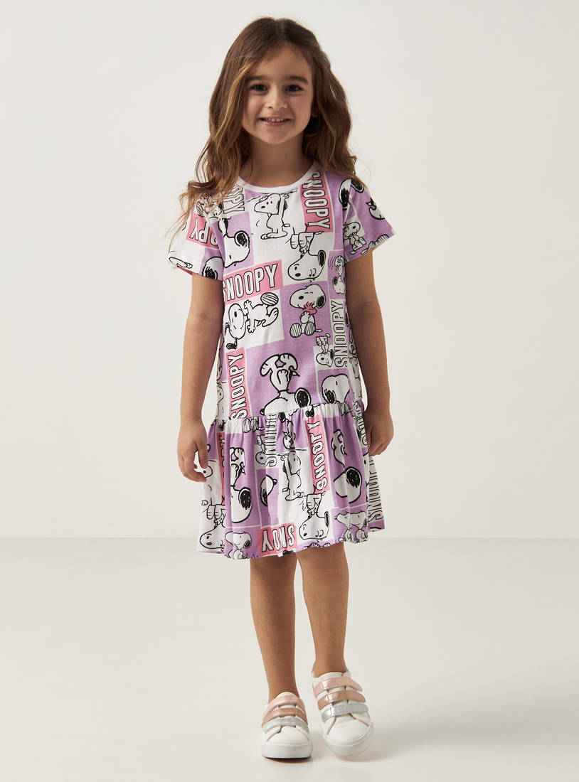 All-Over Snoopy Print Drop Waist Dress with Short Sleeves-Casual Dresses-image-0
